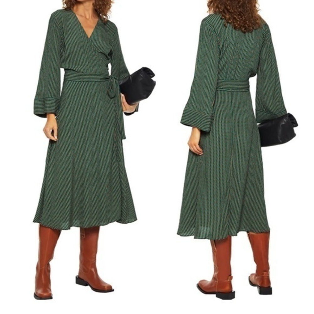 GANNI Printed Crepe V-neck Green Wrap Long Sleeve Dress EU 44 US L (14)